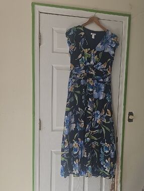 London Times Navy Floral Maxi Dress with Blue and Green Blooms